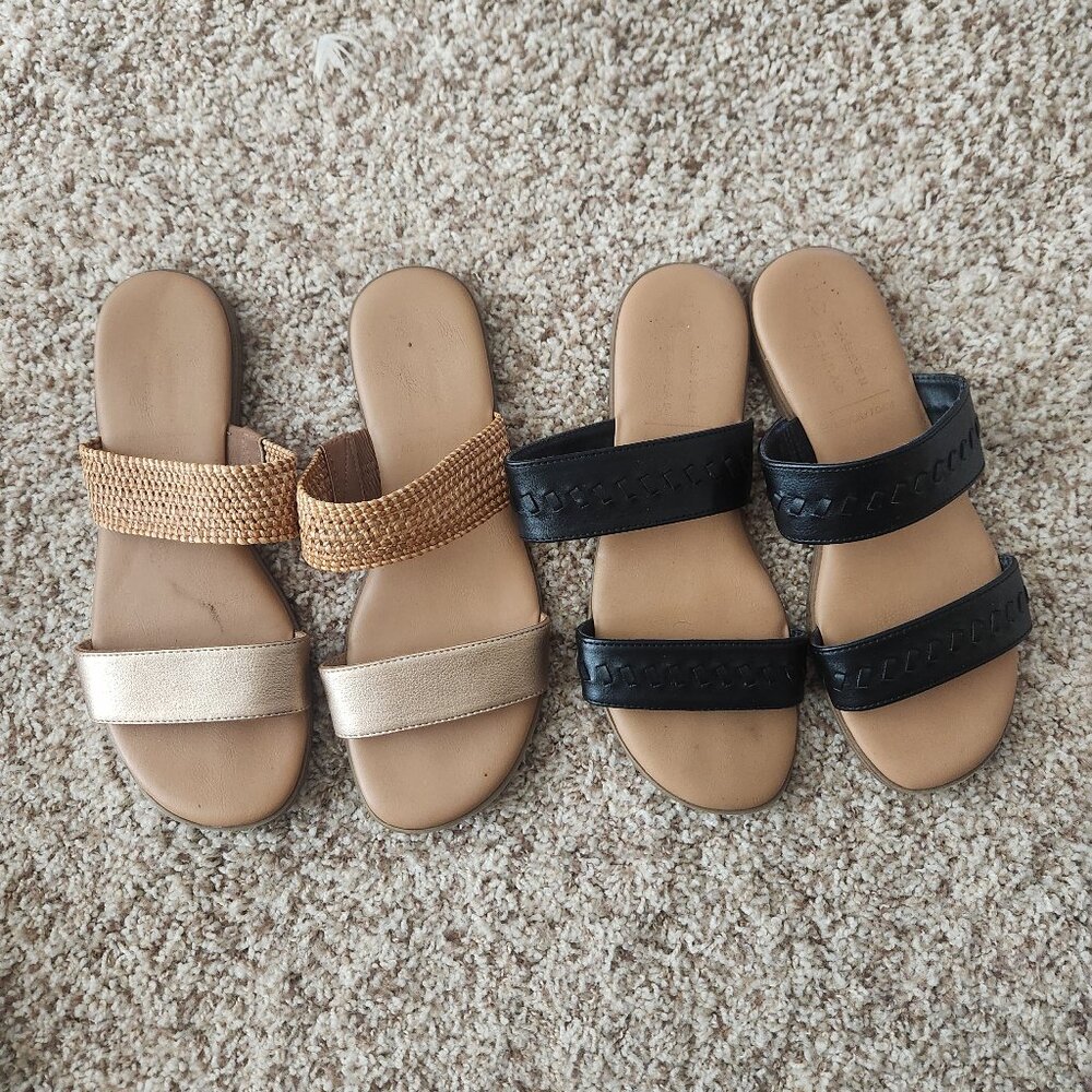2- Lauren Conrad 2 band sandals size 7 womens black& gold/brown